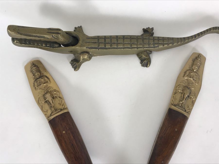 Nickel Bronze Thailand Salad Fork And Spoon Set Plus Vintage Brass Alligator Nutcracker [Photo 2]