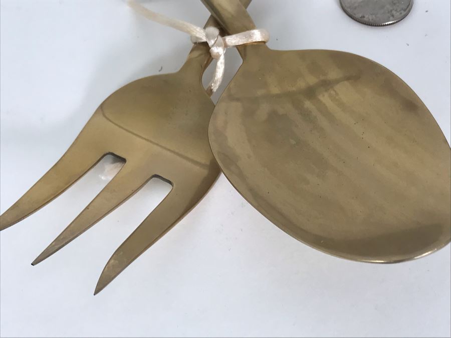 Nickel Bronze Thailand Salad Fork And Spoon Set Plus Vintage Brass Alligator Nutcracker [Photo 7]