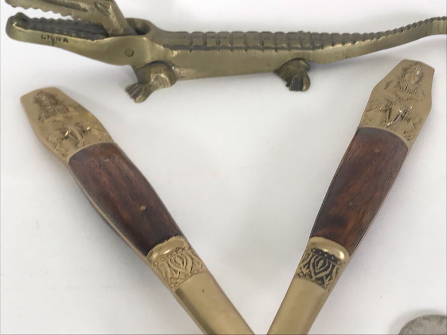 Nickel Bronze Thailand Salad Fork And Spoon Set Plus Vintage Brass Alligator Nutcracker [Photo 8]