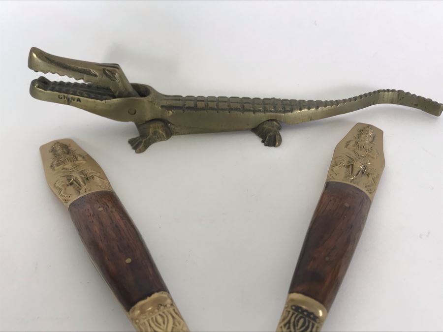 Nickel Bronze Thailand Salad Fork And Spoon Set Plus Vintage Brass Alligator Nutcracker [Photo 3]