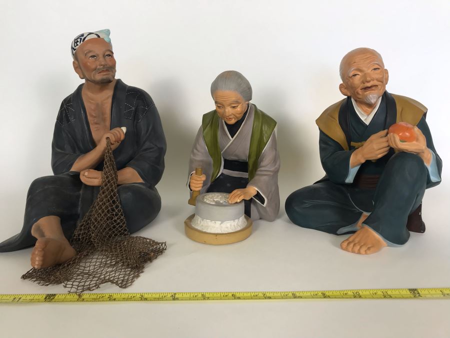 Set Of Three Large Japanese Hand Painted Mud Men Figures (Largest Is 9H) [Photo 2]