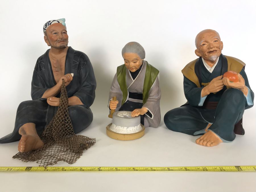 Set Of Three Large Japanese Hand Painted Mud Men Figures (Largest Is 9H) [Photo 1]