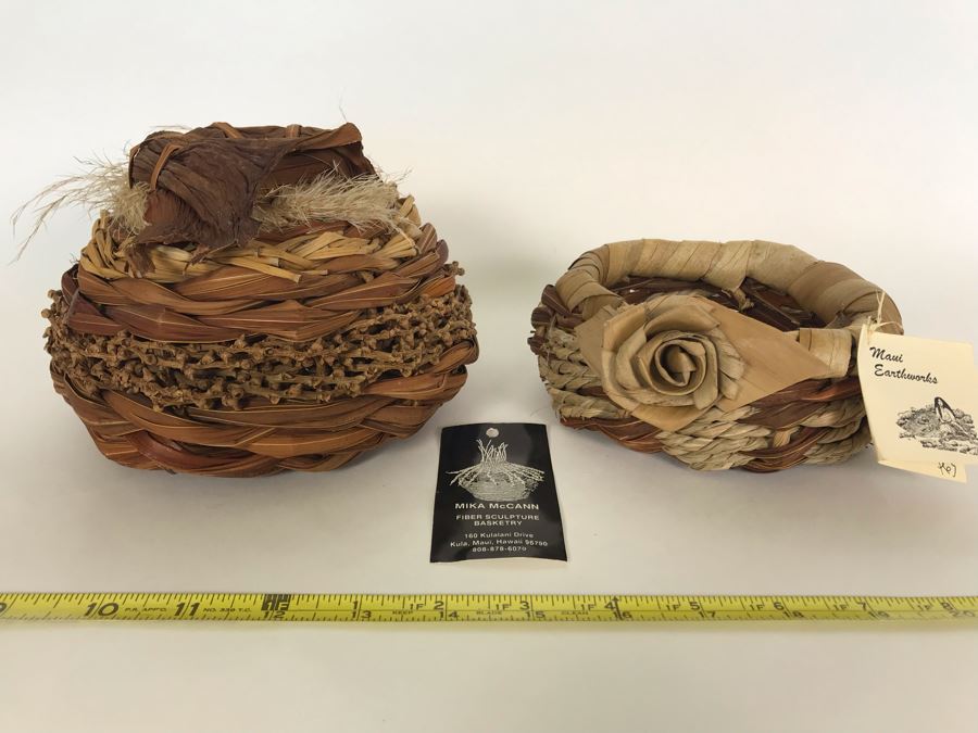 Pair Of Maui Hawaii Fiber Sculpture Baskets: Mika McCann (L - 7 X 5) And Susan Jenson (R - 6 X 3 Retailed $63) [Photo 2]