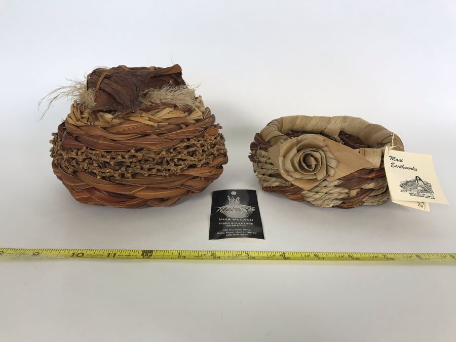 Pair Of Maui Hawaii Fiber Sculpture Baskets: Mika McCann (L - 7 X 5) And Susan Jenson (R - 6 X 3 Retailed $63) [Photo 3]