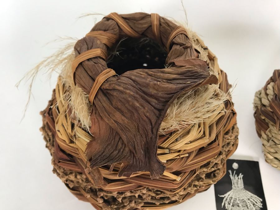 Pair Of Maui Hawaii Fiber Sculpture Baskets: Mika McCann (L - 7 X 5) And Susan Jenson (R - 6 X 3 Retailed $63) [Photo 5]