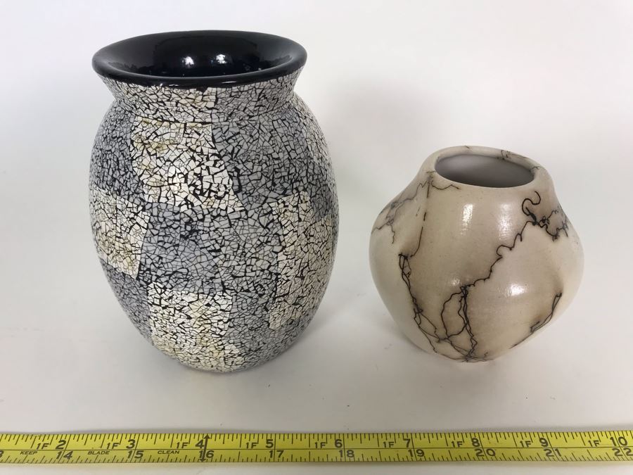 Signed Vail Family Horsehair Native American Pottery Pot 3.5H And Inlaid Eggshell Vase 5H [Photo 2]