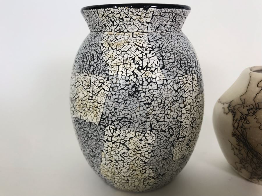 Signed Vail Family Horsehair Native American Pottery Pot 3.5H And Inlaid Eggshell Vase 5H [Photo 8]