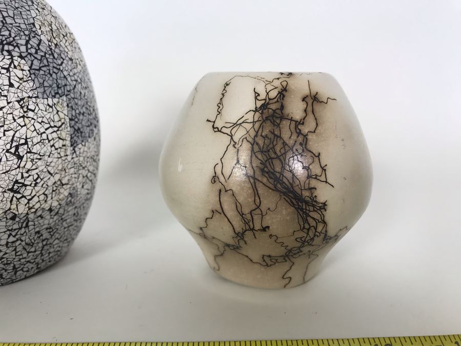 Signed Vail Family Horsehair Native American Pottery Pot 3.5H And Inlaid Eggshell Vase 5H [Photo 4]