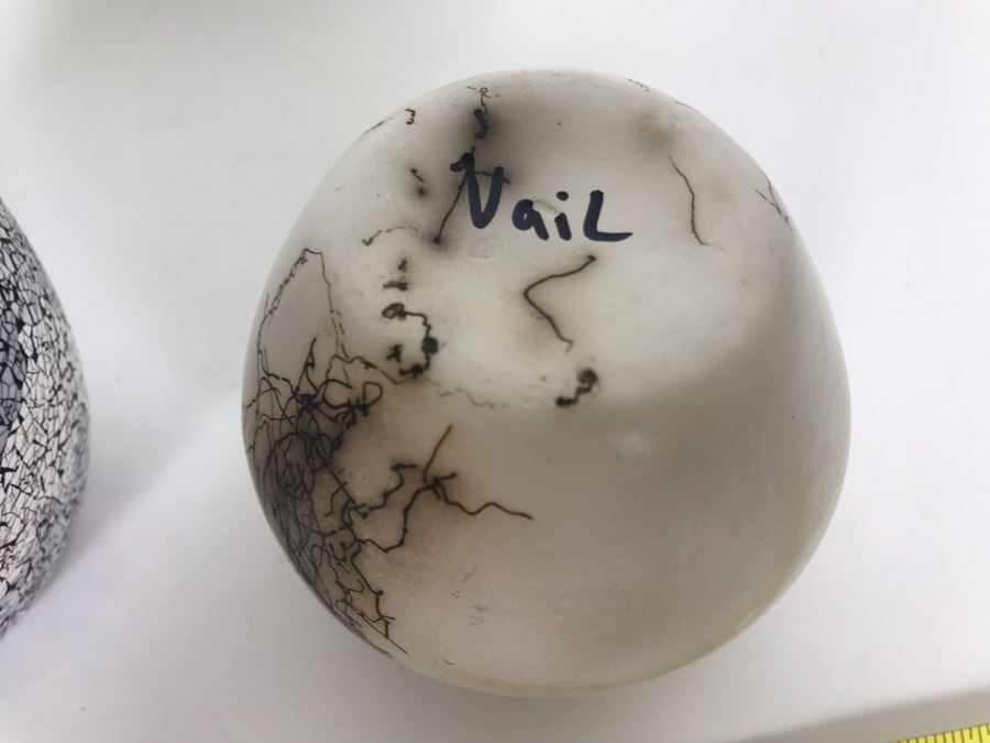 Signed Vail Family Horsehair Native American Pottery Pot 3.5H And Inlaid Eggshell Vase 5H [Photo 5]