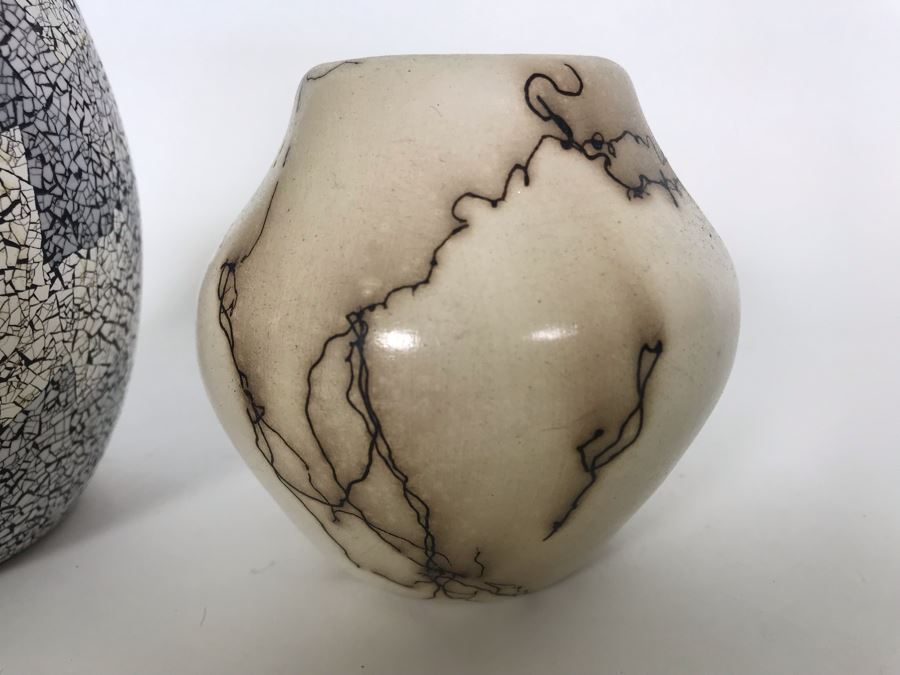 Signed Vail Family Horsehair Native American Pottery Pot 3.5H And Inlaid Eggshell Vase 5H [Photo 3]