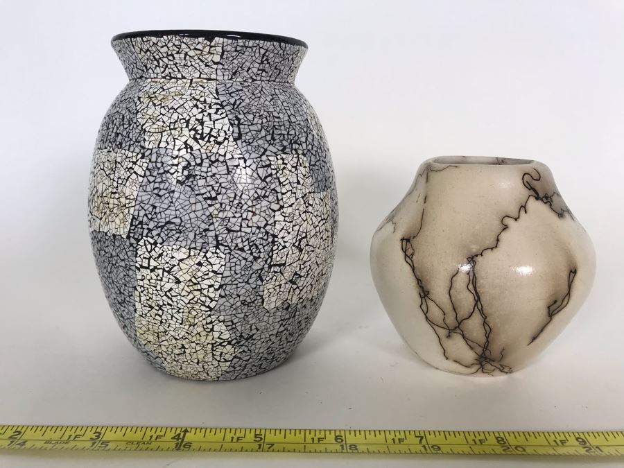 Signed Vail Family Horsehair Native American Pottery Pot 3.5H And Inlaid Eggshell Vase 5H [Photo 1]