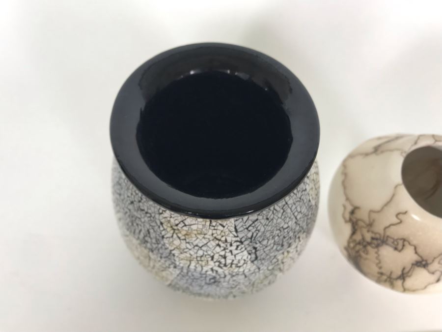 Signed Vail Family Horsehair Native American Pottery Pot 3.5H And Inlaid Eggshell Vase 5H [Photo 11]