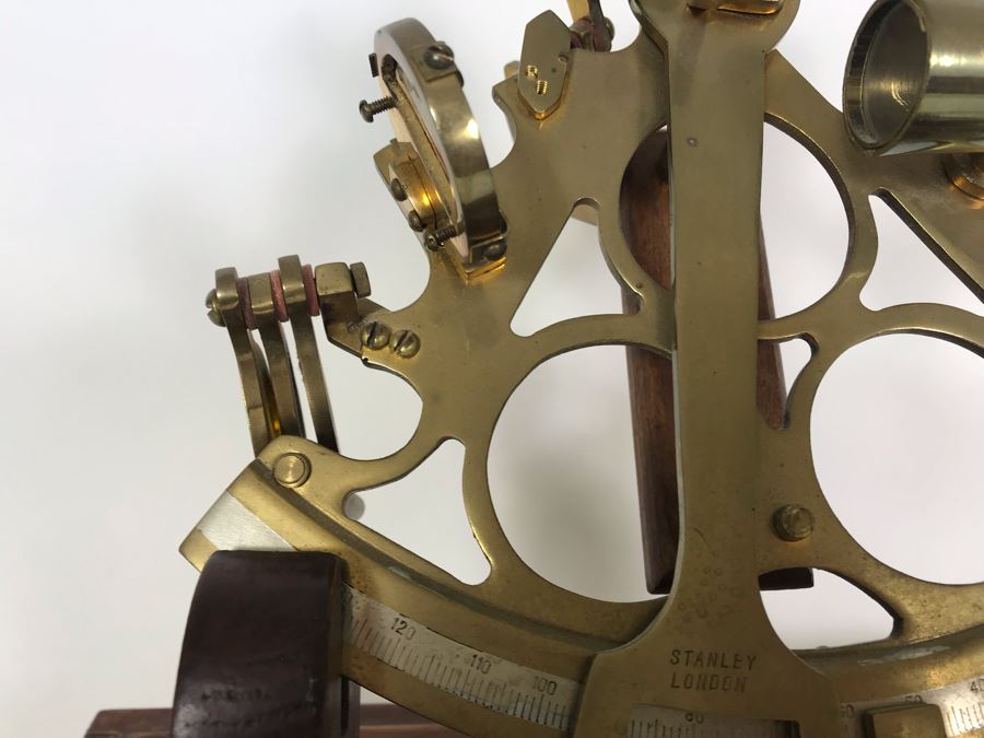 Stanley London Brass Sextant Nautical Navigation Instrument With Wooden Display Stand 12W X 6D X 9.5H [Photo 5]