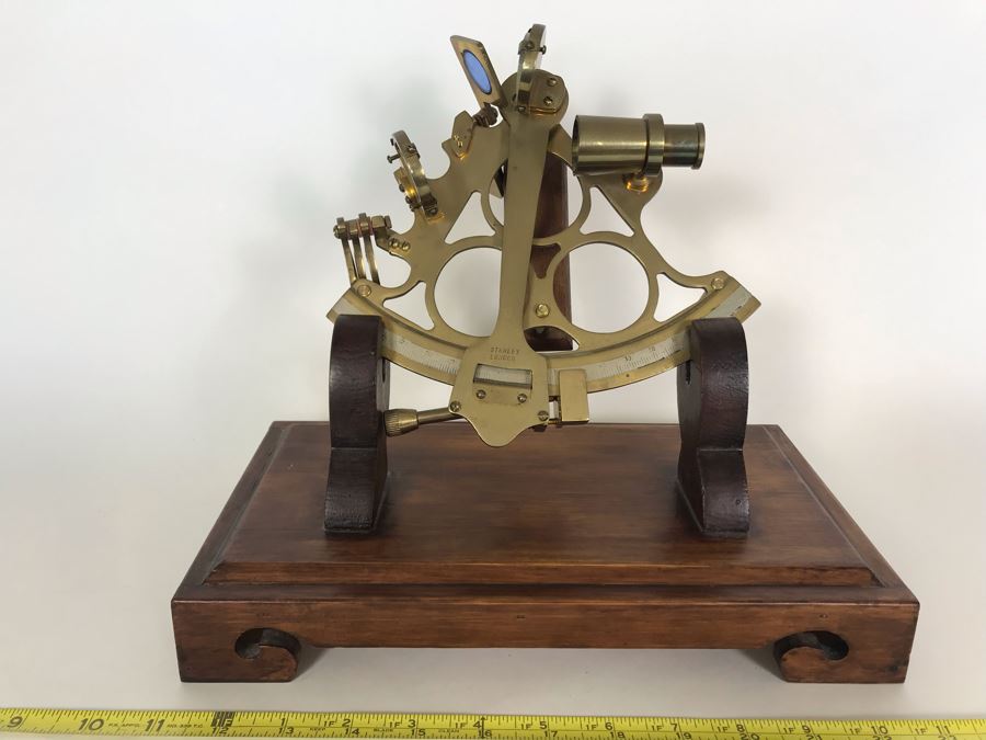 Stanley London Brass Sextant Nautical Navigation Instrument With Wooden Display Stand 12W X 6D X 9.5H [Photo 1]