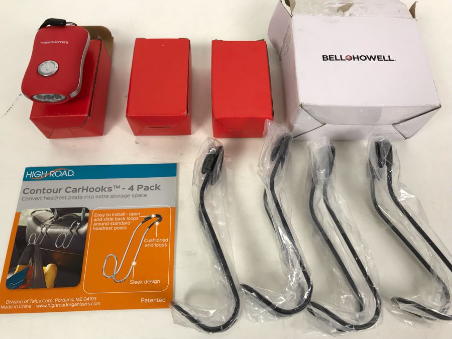 New Set Of 3 Bell & Howell Crank Flashlights And New 4-Pack Of Contour CarHooks