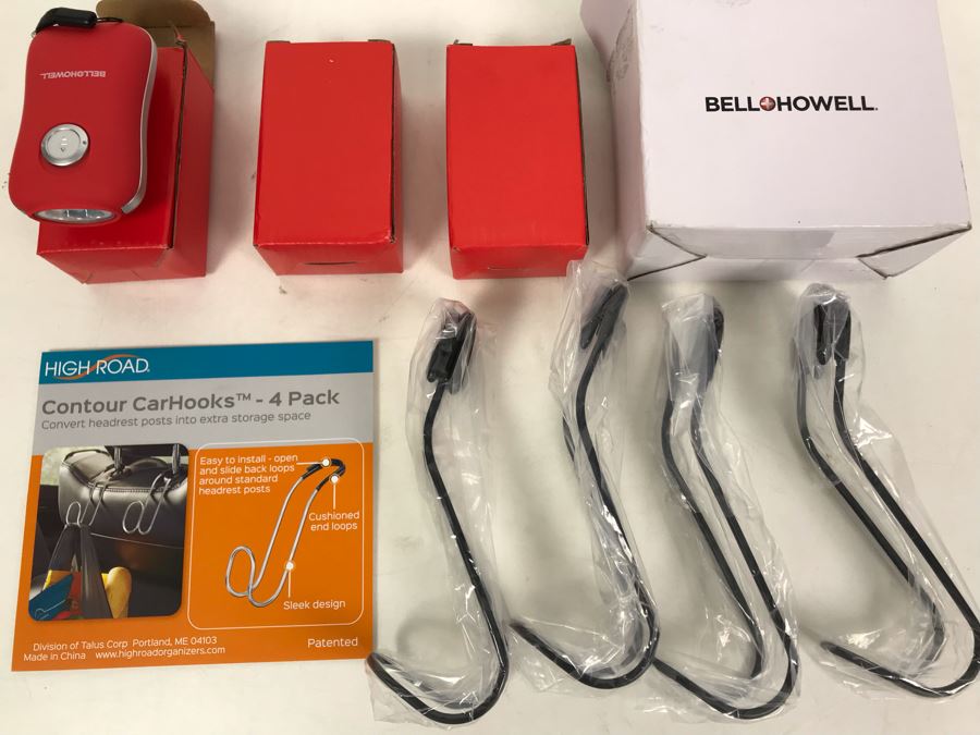 New Set Of 3 Bell & Howell Crank Flashlights And New 4-Pack Of Contour CarHooks [Photo 2]
