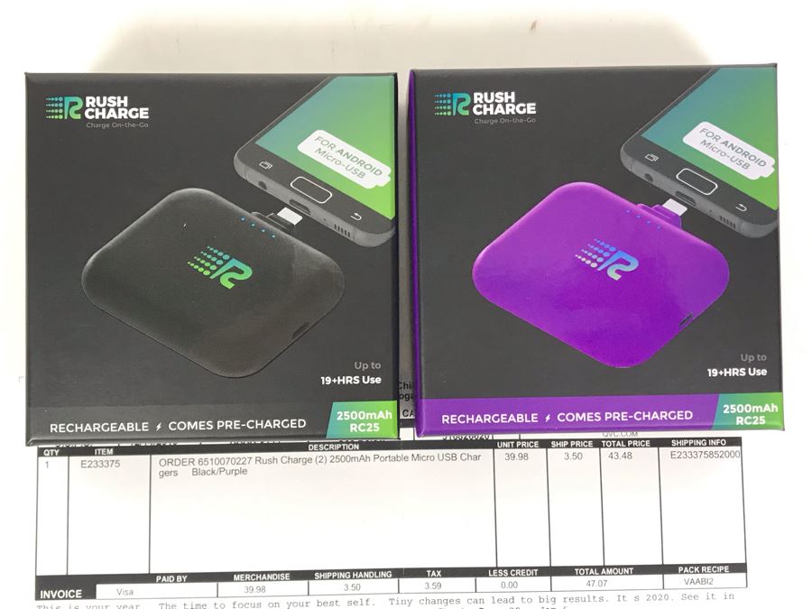 Pair Of Rush Charge 2500mAh Portable Micro USB Chargers In Black And Purple For Android Micro-USB [Photo 2]