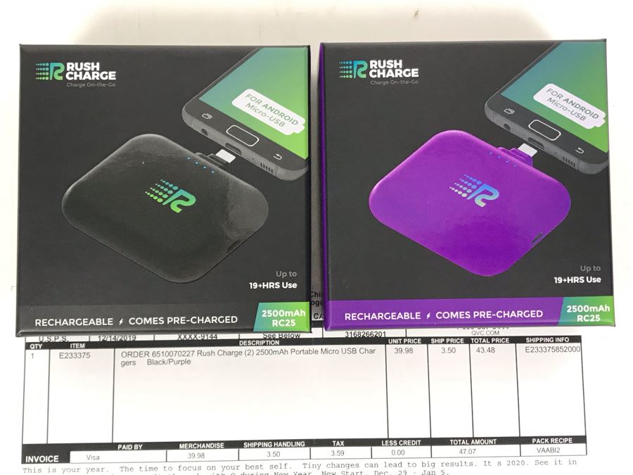 Pair Of Rush Charge 2500mAh Portable Micro USB Chargers In Black And Purple For Android Micro-USB