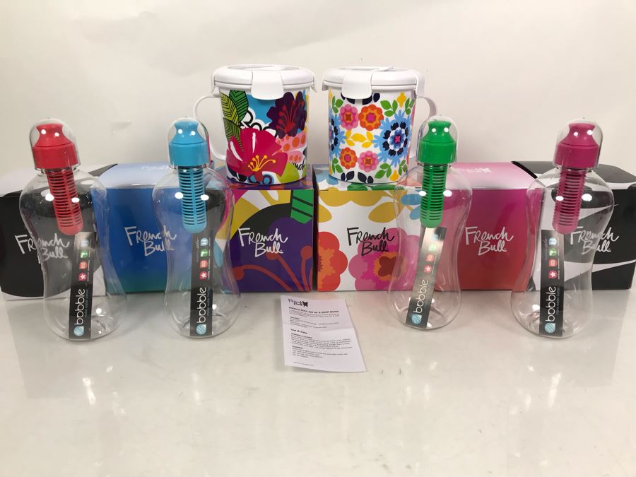 New Four Bobble Water Bottles And New French Bull Set Of Six Soup Mugs