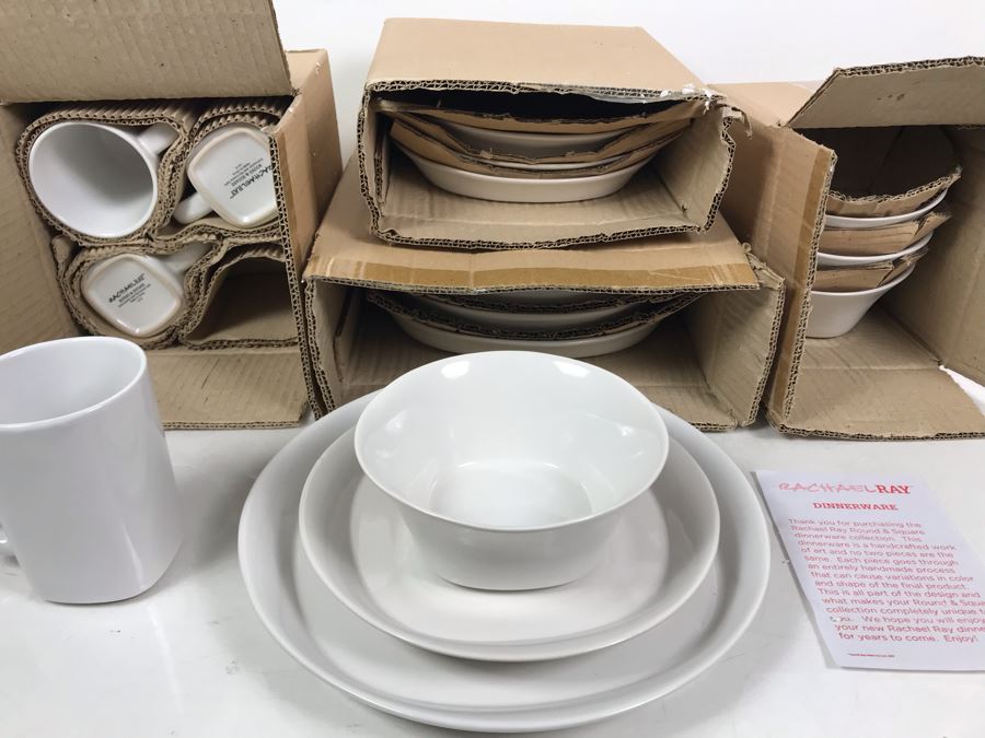 New Rachael Ray Dinnerware Set Serving For Four Dishes, Bowls, Coffee Cups In White