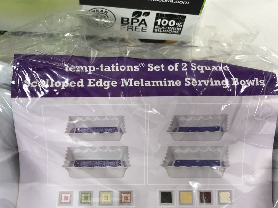 New Set Of Four Square Scalloped Edge Melamine Serving Bowls By Temptations And New Lekue Microwave Cooking Steam Case With Tray [Photo 4]