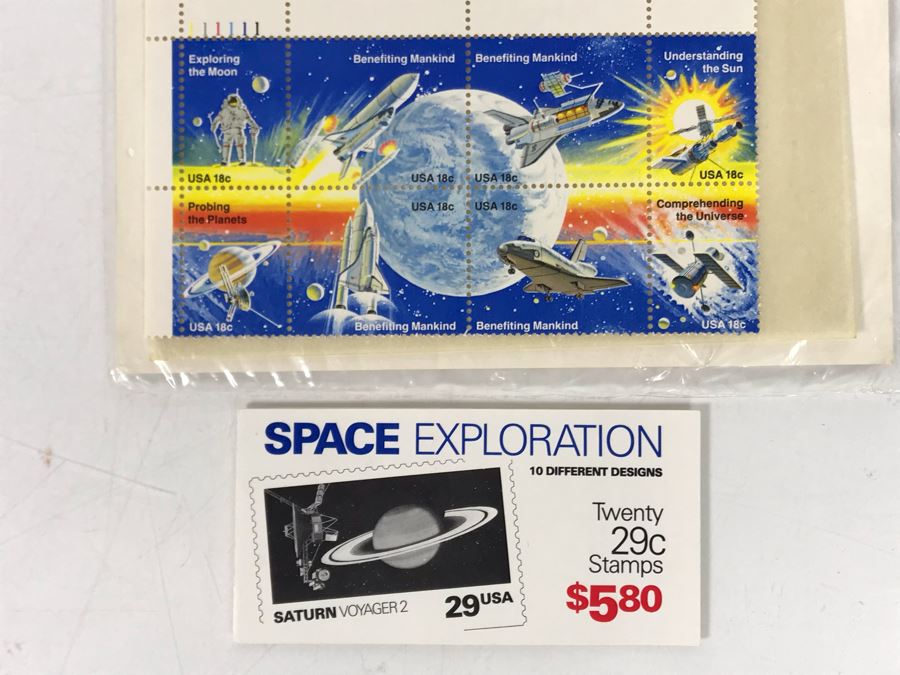 Mint Stamps Space Themed Benefiting Mankind Exploring The Moon, Understanding The Sun, Probing The Planets, Comprehending The Universe And Mint Stamp Book Of Space Exploration 10 Different Designs Saturn Voyager 2 [Photo 2]