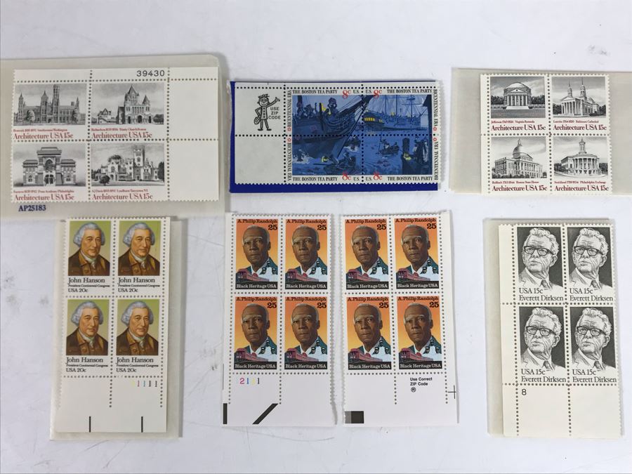 Collection Of Mint Stamps: Black Heritage A. Philip Randolph, The Boston Tea Party, John Hanson, Everett Dirksen, Architecture [Photo 1]