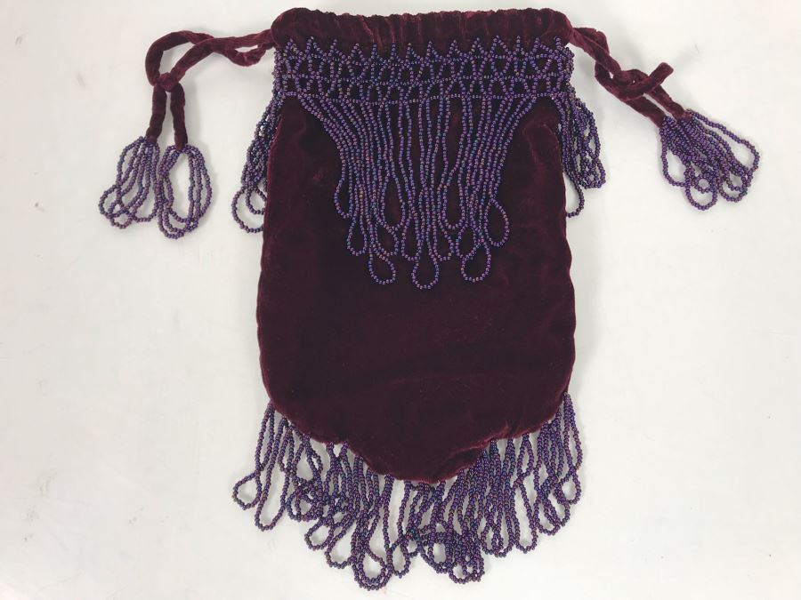 Vintage Purple Velvet Beaded Pouch Handbag 12L