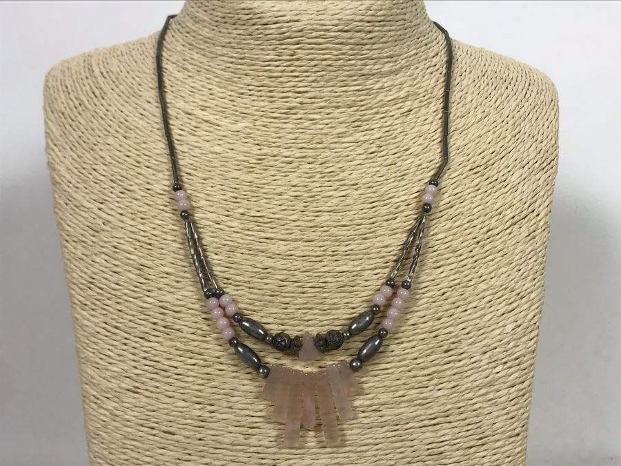 Vintage Sterling Silver And Rose Quartz Necklace