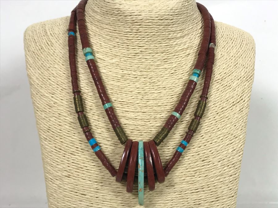 Signed Vintage Native American Sterling Silver Turqouise And Catlinite Pipestone? Beaded Necklace