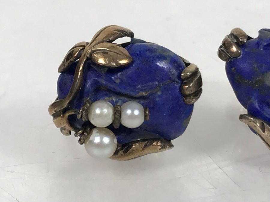 Pair Of Base Metal Carved Lapis Lazuli Pearl Earrings With 14K Gold Screw-On Backs [Photo 3]