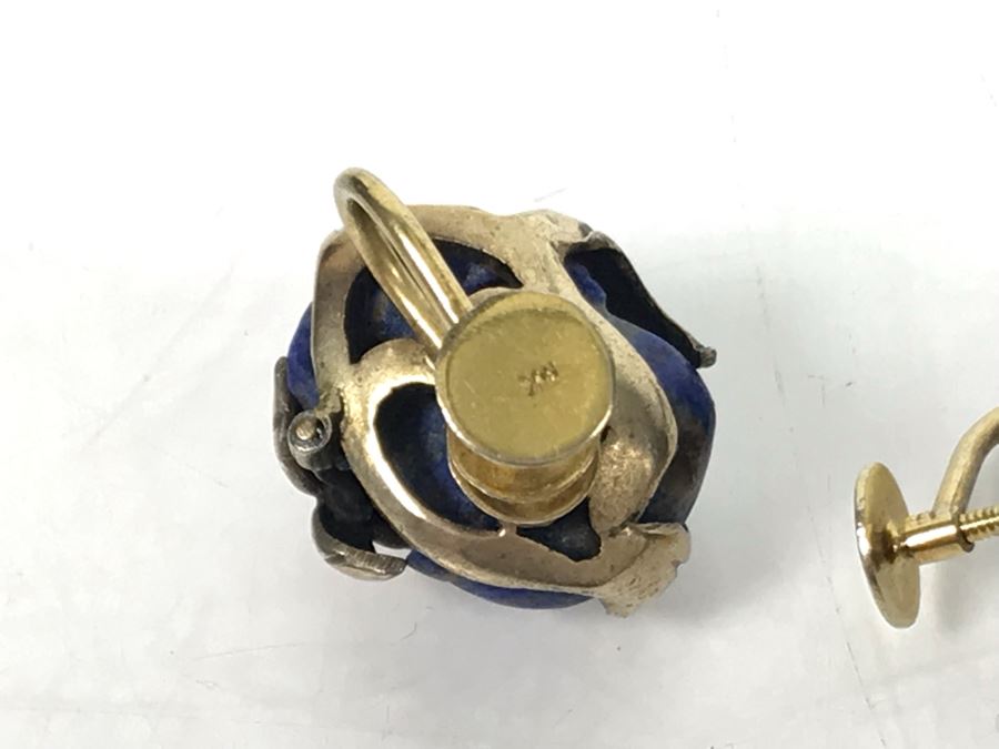 Pair Of Base Metal Carved Lapis Lazuli Pearl Earrings With 14K Gold Screw-On Backs [Photo 7]