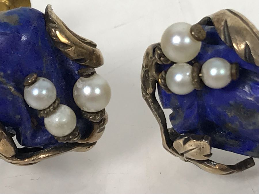 Pair Of Base Metal Carved Lapis Lazuli Pearl Earrings With 14K Gold Screw-On Backs [Photo 9]