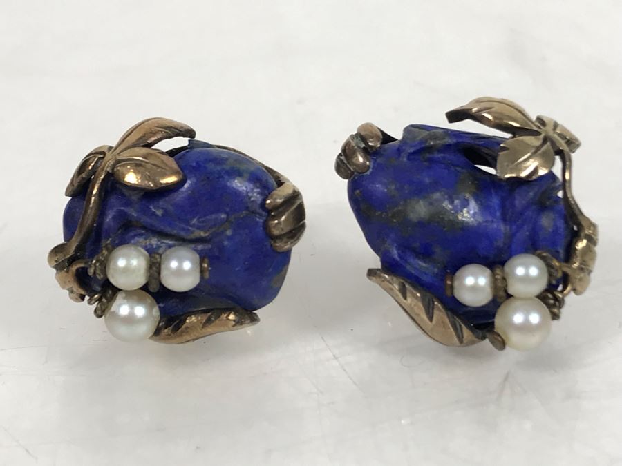 Pair Of Base Metal Carved Lapis Lazuli Pearl Earrings With 14K Gold Screw-On Backs [Photo 2]