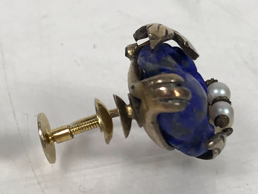 Pair Of Base Metal Carved Lapis Lazuli Pearl Earrings With 14K Gold Screw-On Backs [Photo 5]
