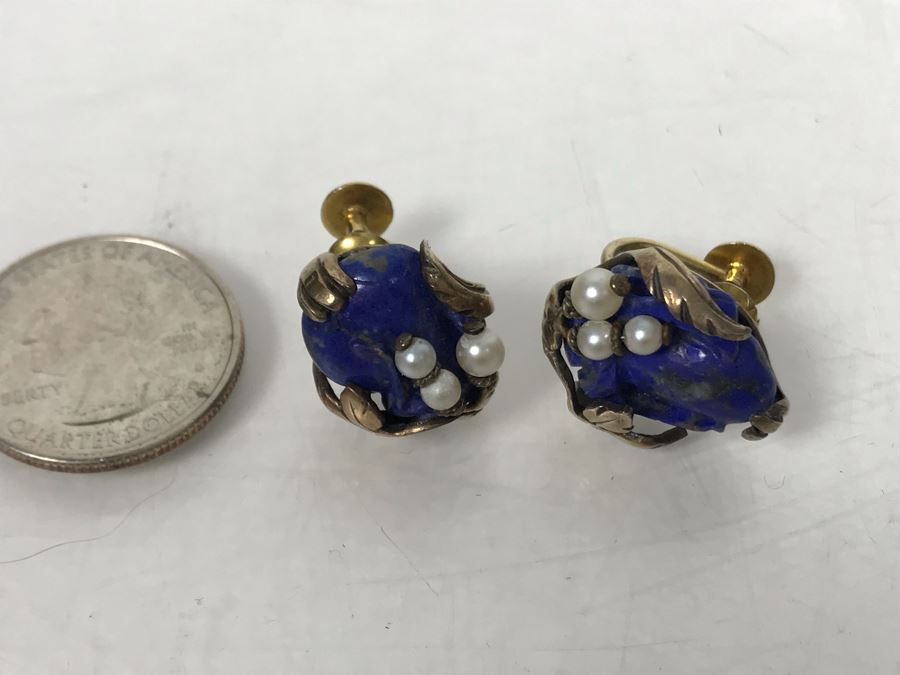 Pair Of Base Metal Carved Lapis Lazuli Pearl Earrings With 14K Gold Screw-On Backs [Photo 10]