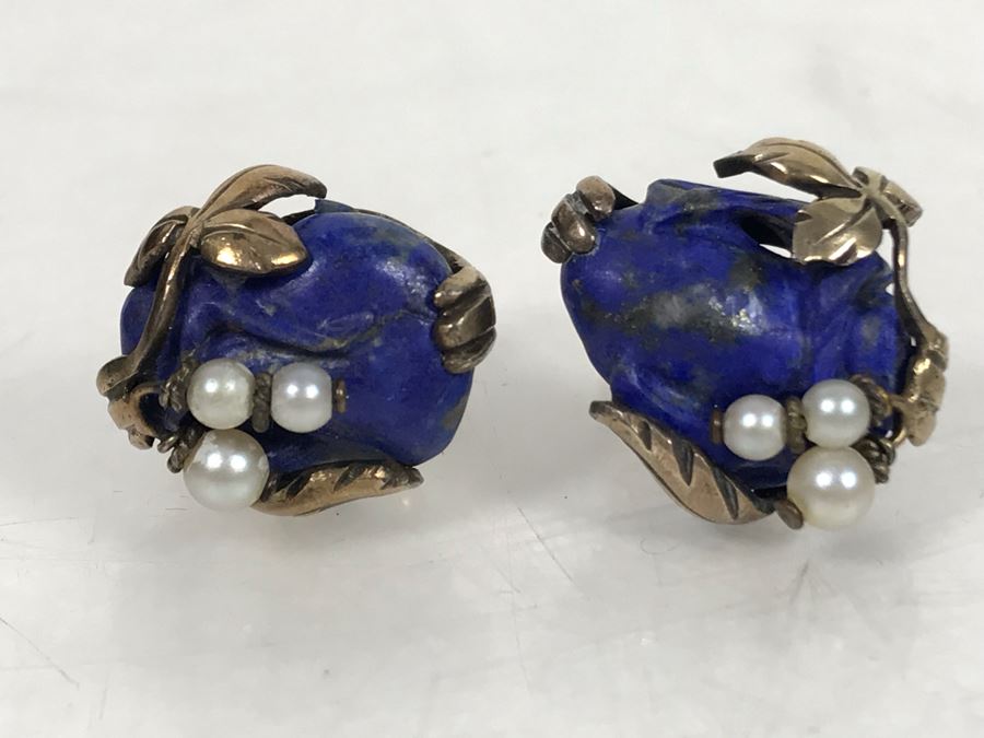 Pair Of Base Metal Carved Lapis Lazuli Pearl Earrings With 14K Gold Screw-On Backs [Photo 1]