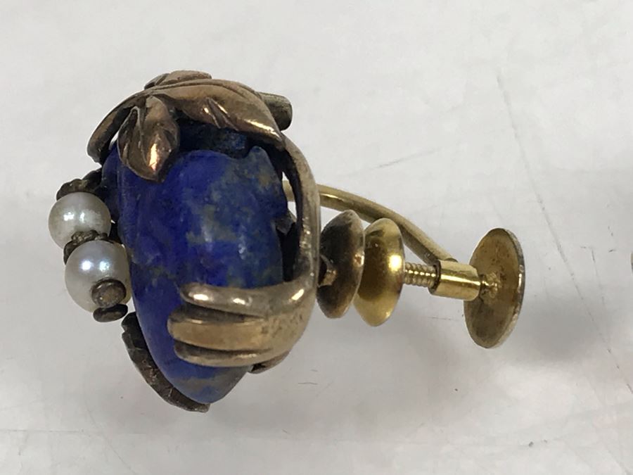 Pair Of Base Metal Carved Lapis Lazuli Pearl Earrings With 14K Gold Screw-On Backs [Photo 6]