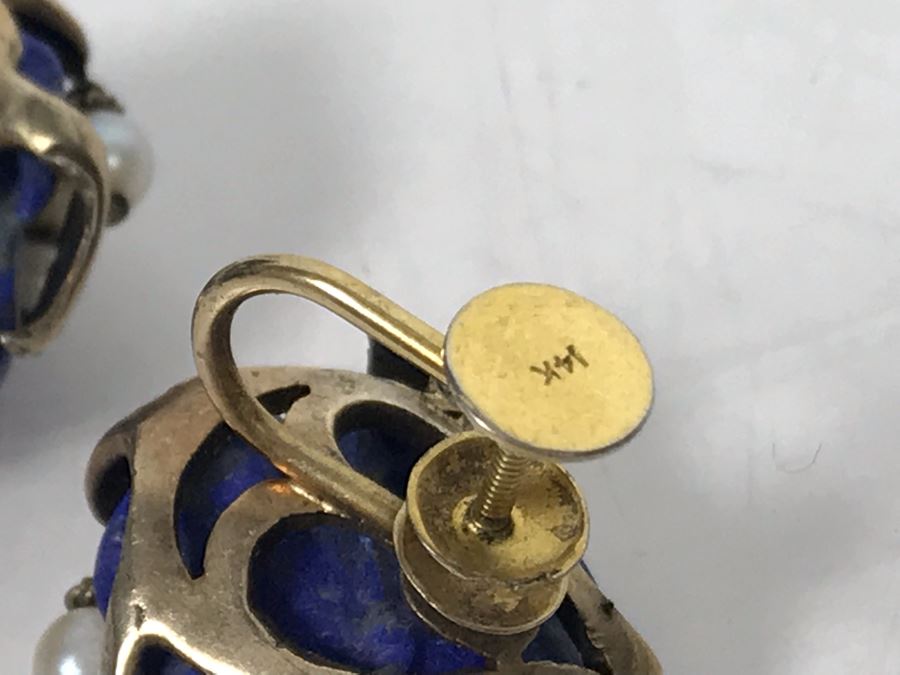 Pair Of Base Metal Carved Lapis Lazuli Pearl Earrings With 14K Gold Screw-On Backs [Photo 8]