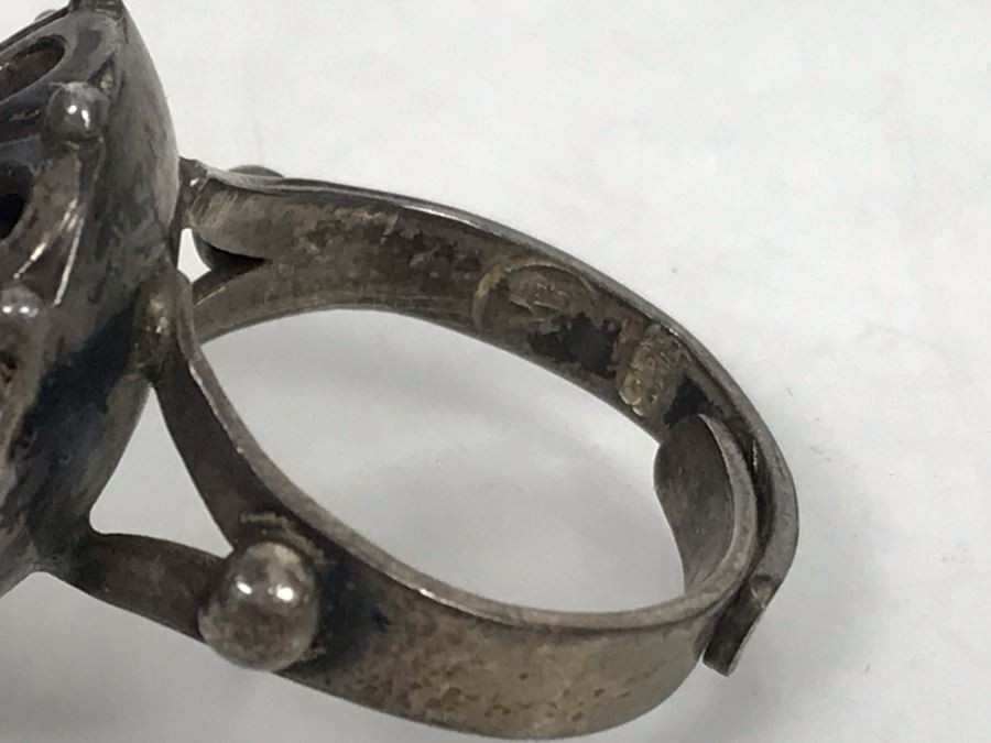 Signed Vintage Sterling Silver Poison Ring Cabochon Cat's Eye Locket Hinged Jewelry [Photo 12]