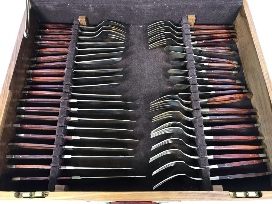 Never Used 91 Piece Mint Jean-Claude Rosewood & Bronze Mid-Century Modern Complete Thailand Flatware & Servingware Set With Nice Wooden Storage Box [Photo 21]