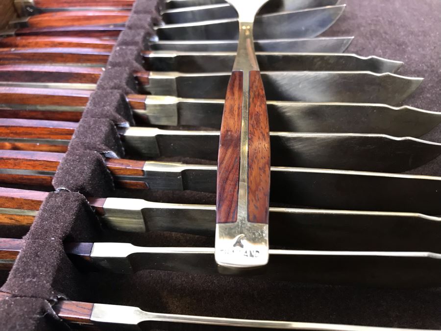 Never Used 91 Piece Mint Jean-Claude Rosewood & Bronze Mid-Century Modern Complete Thailand Flatware & Servingware Set With Nice Wooden Storage Box [Photo 27]