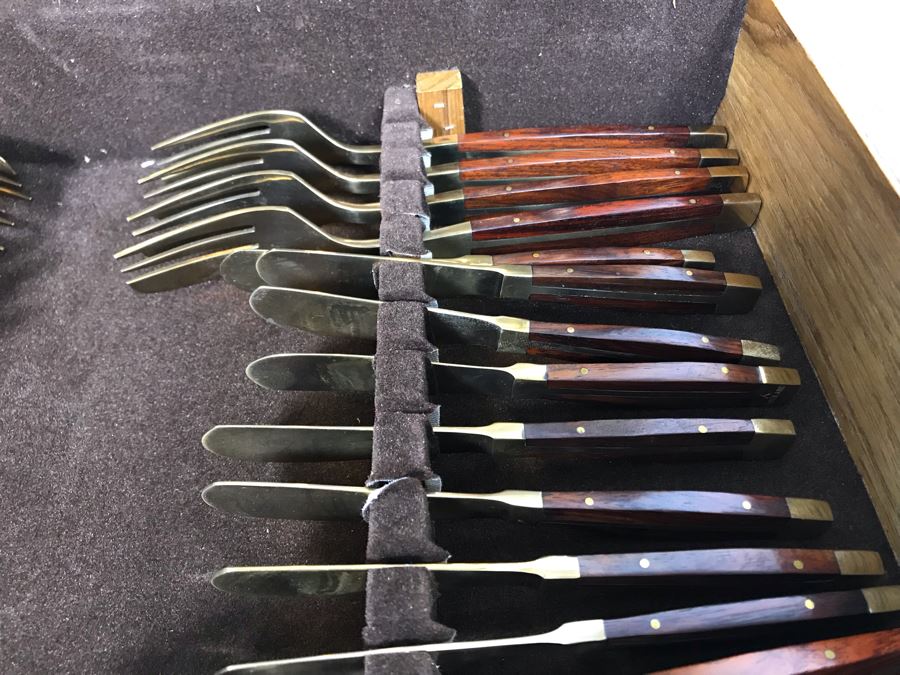 Never Used 91 Piece Mint Jean-Claude Rosewood & Bronze Mid-Century Modern Complete Thailand Flatware & Servingware Set With Nice Wooden Storage Box [Photo 24]