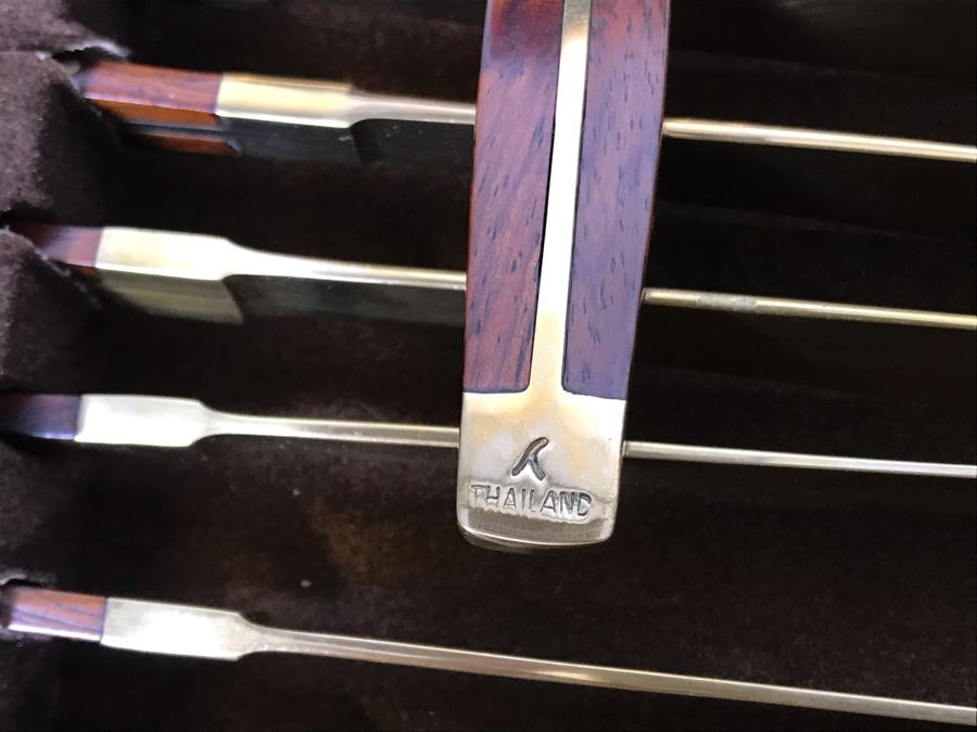 Never Used 91 Piece Mint Jean-Claude Rosewood & Bronze Mid-Century Modern Complete Thailand Flatware & Servingware Set With Nice Wooden Storage Box [Photo 28]