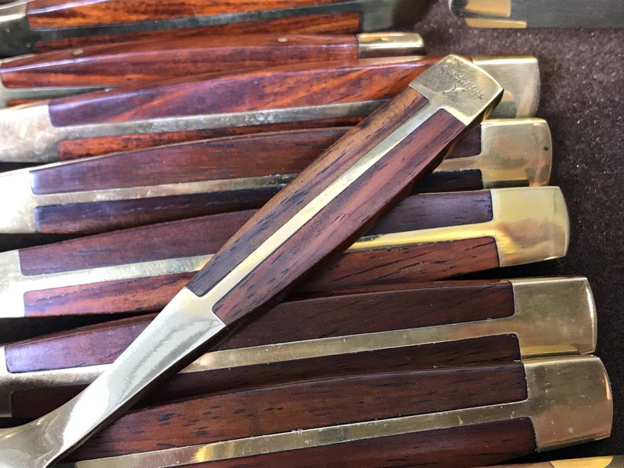 Never Used 91 Piece Mint Jean-Claude Rosewood & Bronze Mid-Century Modern Complete Thailand Flatware & Servingware Set With Nice Wooden Storage Box [Photo 18]