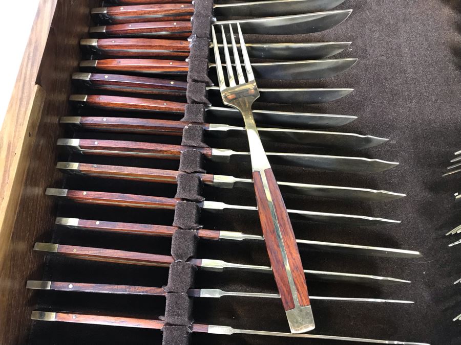 Never Used 91 Piece Mint Jean-Claude Rosewood & Bronze Mid-Century Modern Complete Thailand Flatware & Servingware Set With Nice Wooden Storage Box [Photo 26]