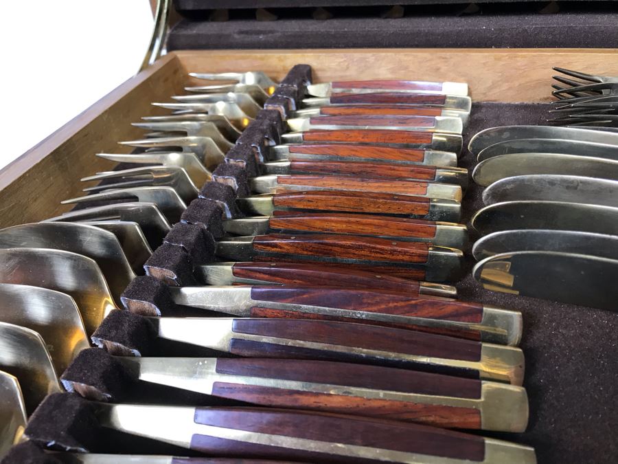 Never Used 91 Piece Mint Jean-Claude Rosewood & Bronze Mid-Century Modern Complete Thailand Flatware & Servingware Set With Nice Wooden Storage Box [Photo 13]