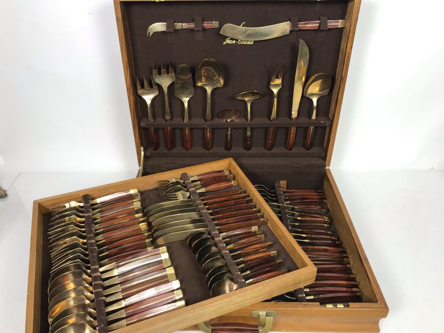 Never Used 91 Piece Mint Jean-Claude Rosewood & Bronze Mid-Century Modern Complete Thailand Flatware & Servingware Set With Nice Wooden Storage Box [Photo 3]