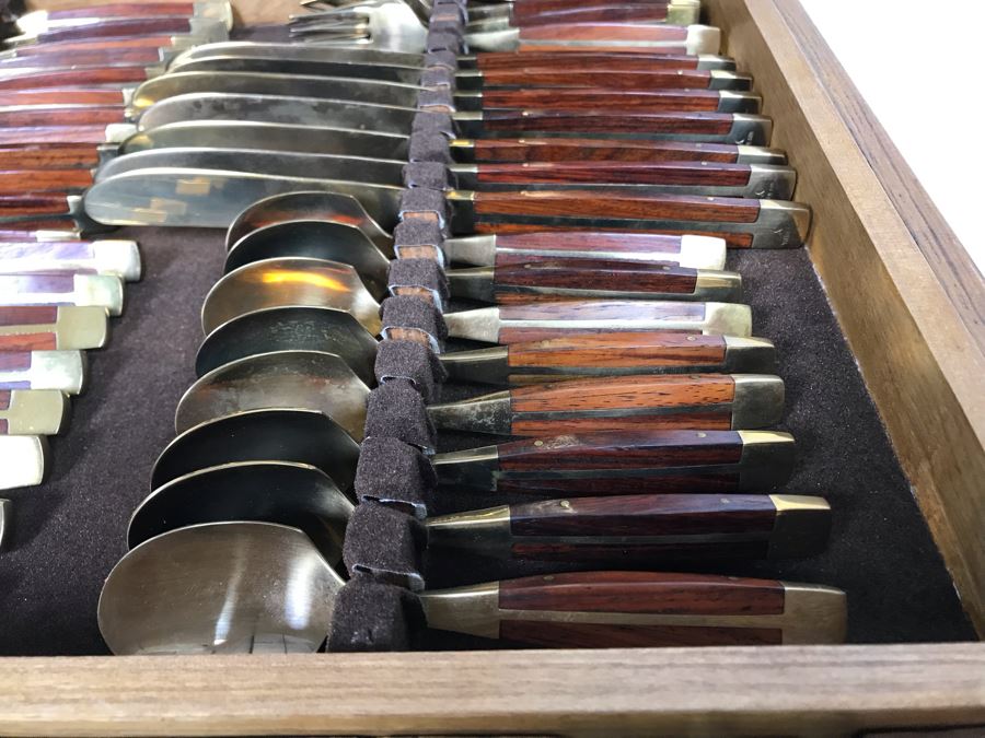 Never Used 91 Piece Mint Jean-Claude Rosewood & Bronze Mid-Century Modern Complete Thailand Flatware & Servingware Set With Nice Wooden Storage Box [Photo 14]