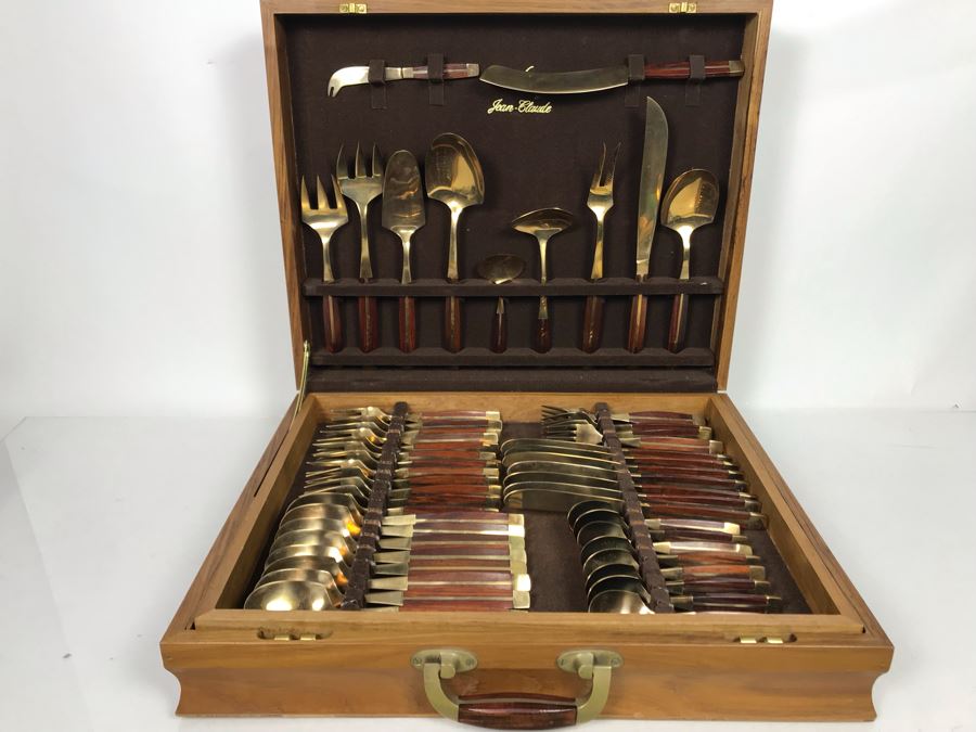 Never Used 91 Piece Mint Jean-Claude Rosewood & Bronze Mid-Century Modern Complete Thailand Flatware & Servingware Set With Nice Wooden Storage Box [Photo 6]